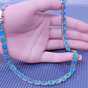 Vintage Blue Opal Inlay Sterling Silver Statement Link Necklace 17"